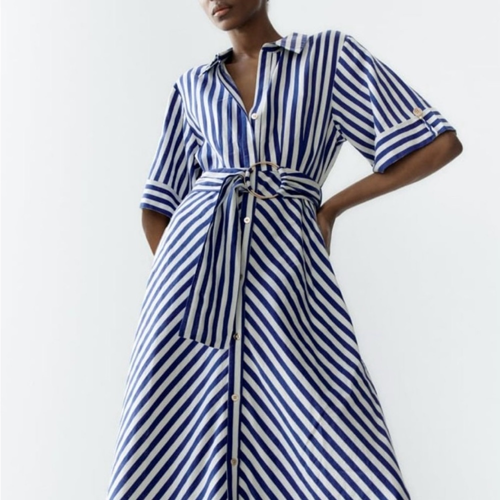 Zara Blue and White Striped Midi Dress - Picture 5 of 10